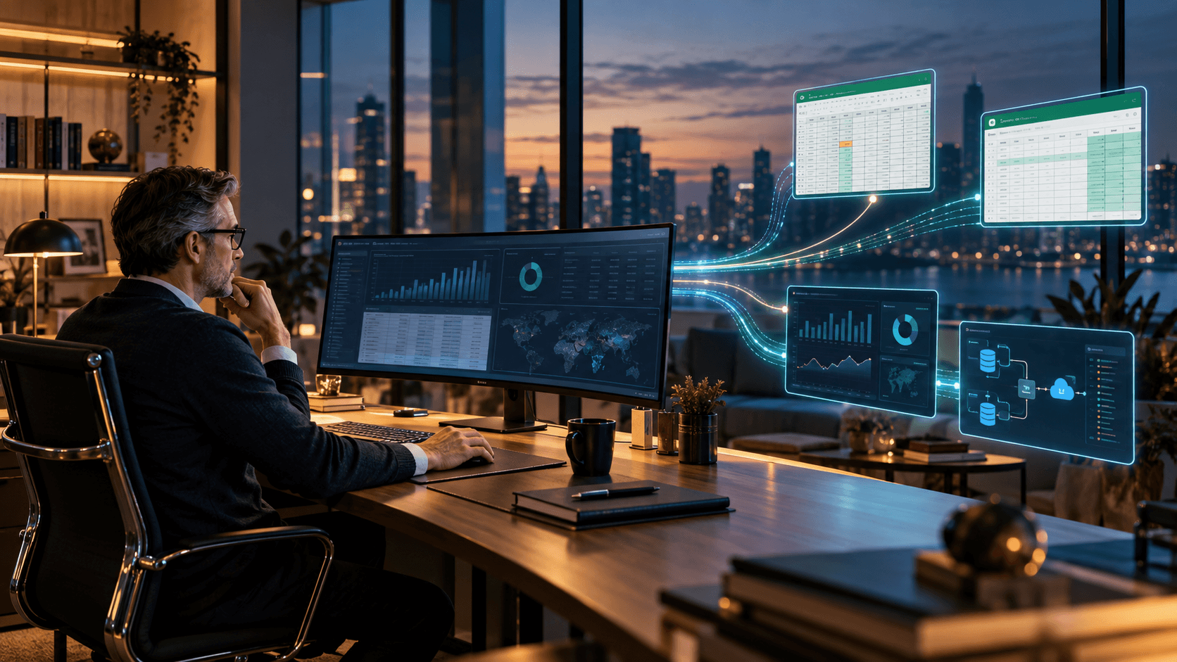 A finance professional comparing spreadsheet, analytics and data-connection workflows from one desk