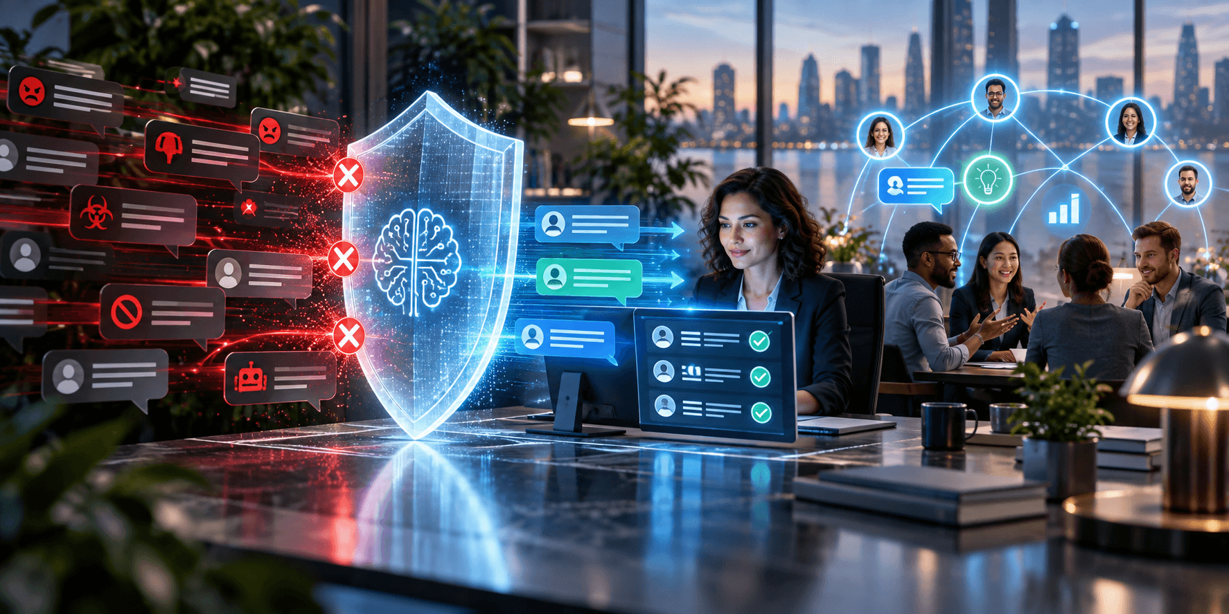 Unsafe messages stopped by automated screening while constructive contributions proceed to a human moderator