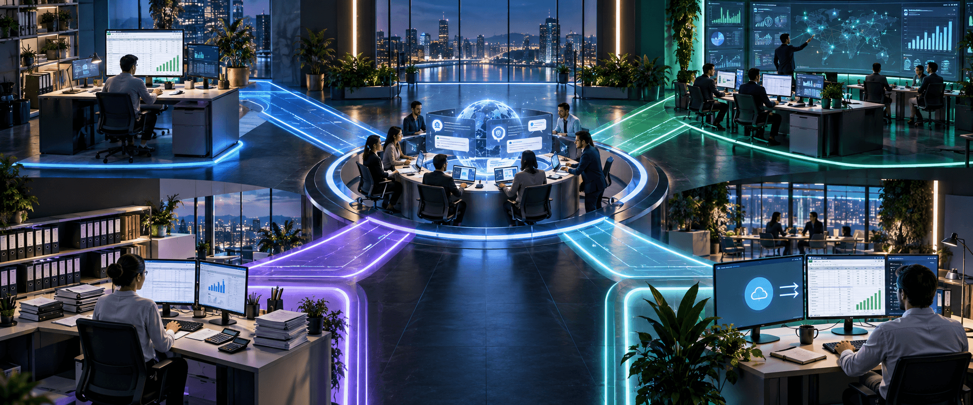 Four finance workspaces connected to one shared professional knowledge hub