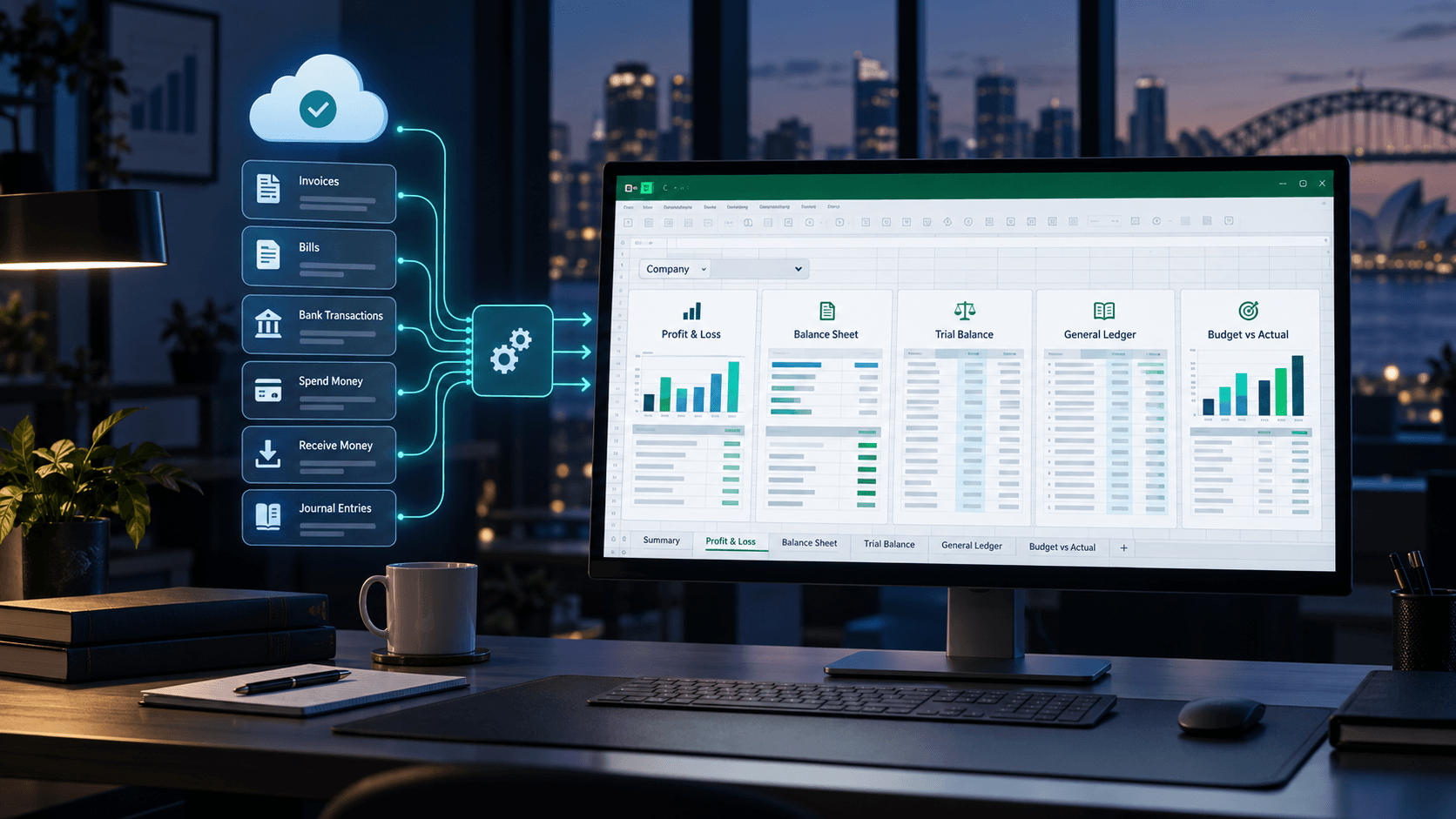 Related accounting records moving through a controlled process into five organised Excel finance reports
