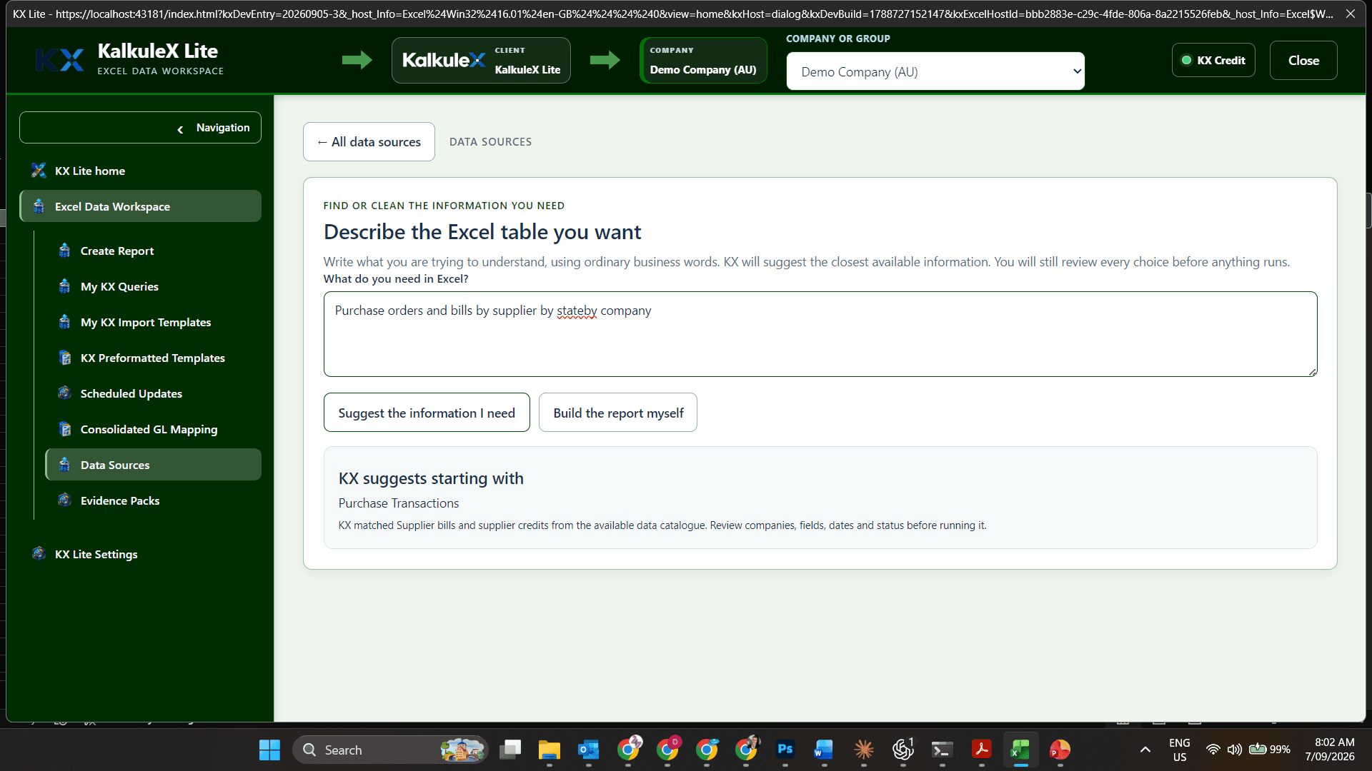 KX Lite suggesting source information from an ordinary business-language request