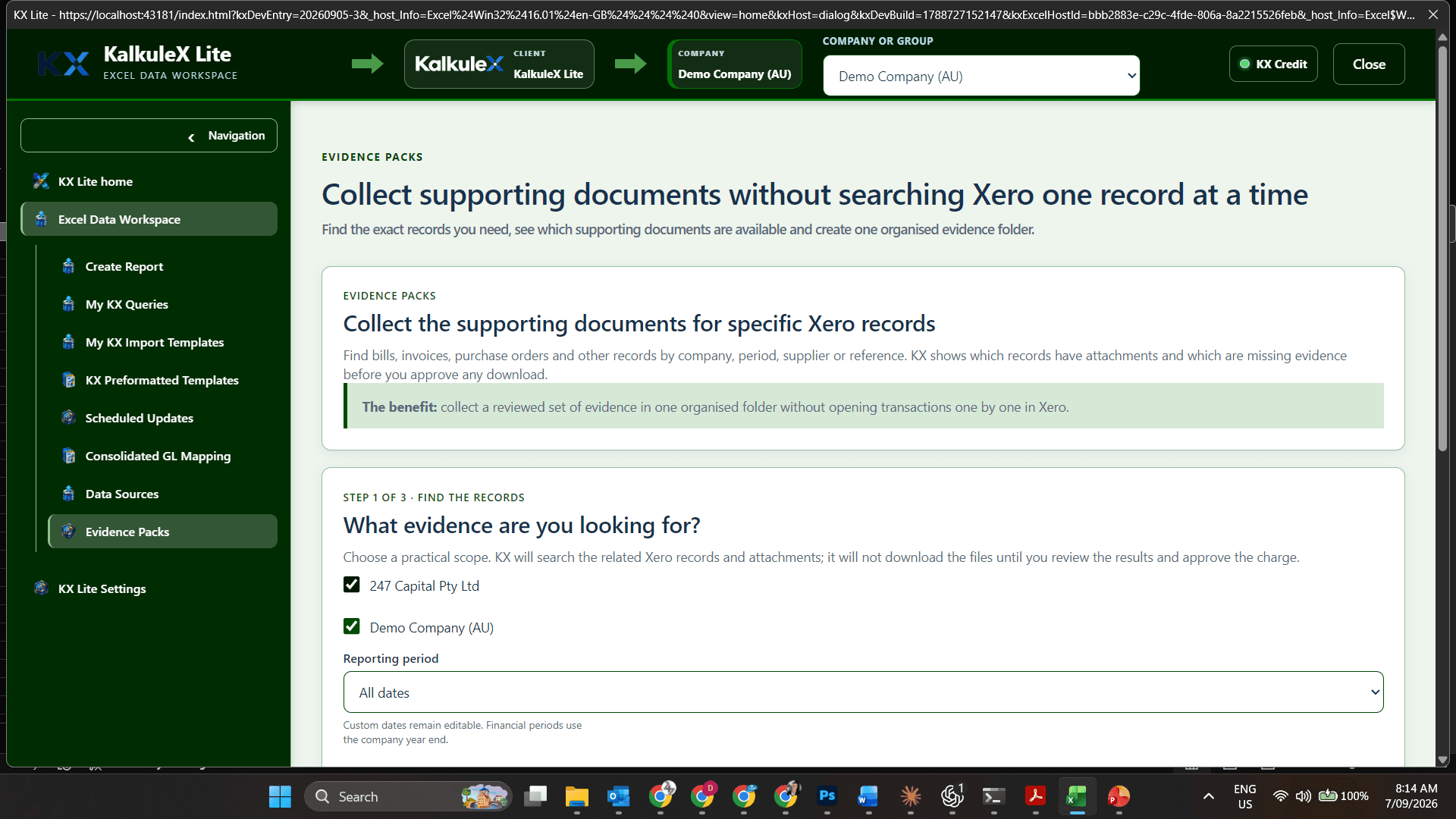 Actual KX Lite evidence pack workflow