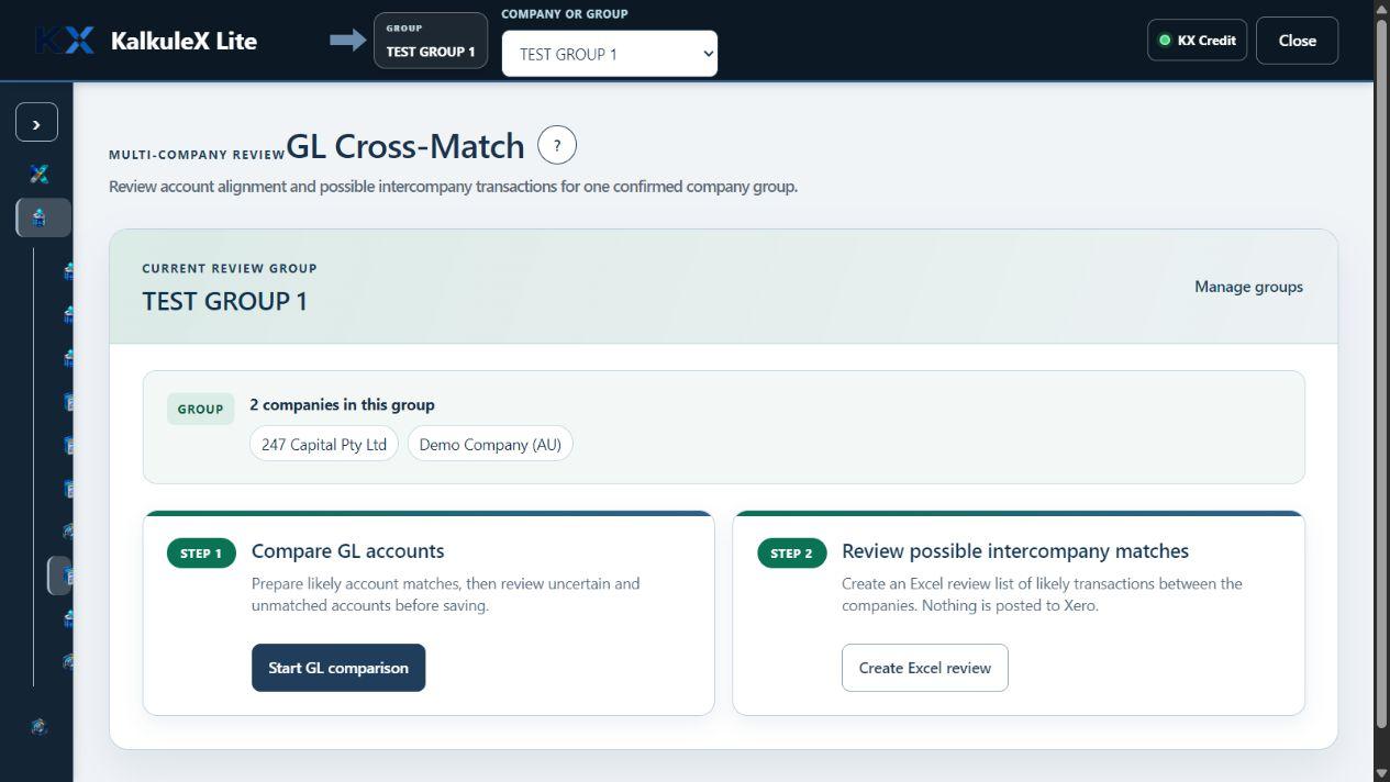 KX Lite showing GL Cross-Match and possible intercompany review for two companies