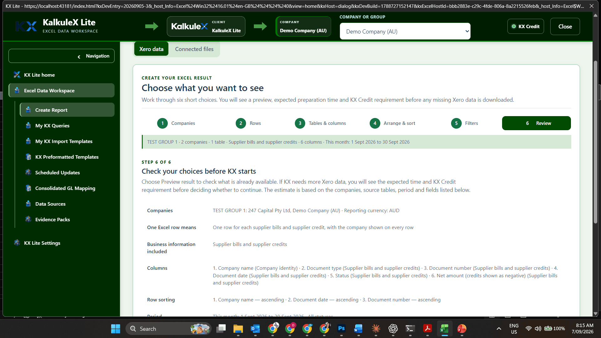 The real KX Lite interface reviewing a Xero-to-Excel report before it starts