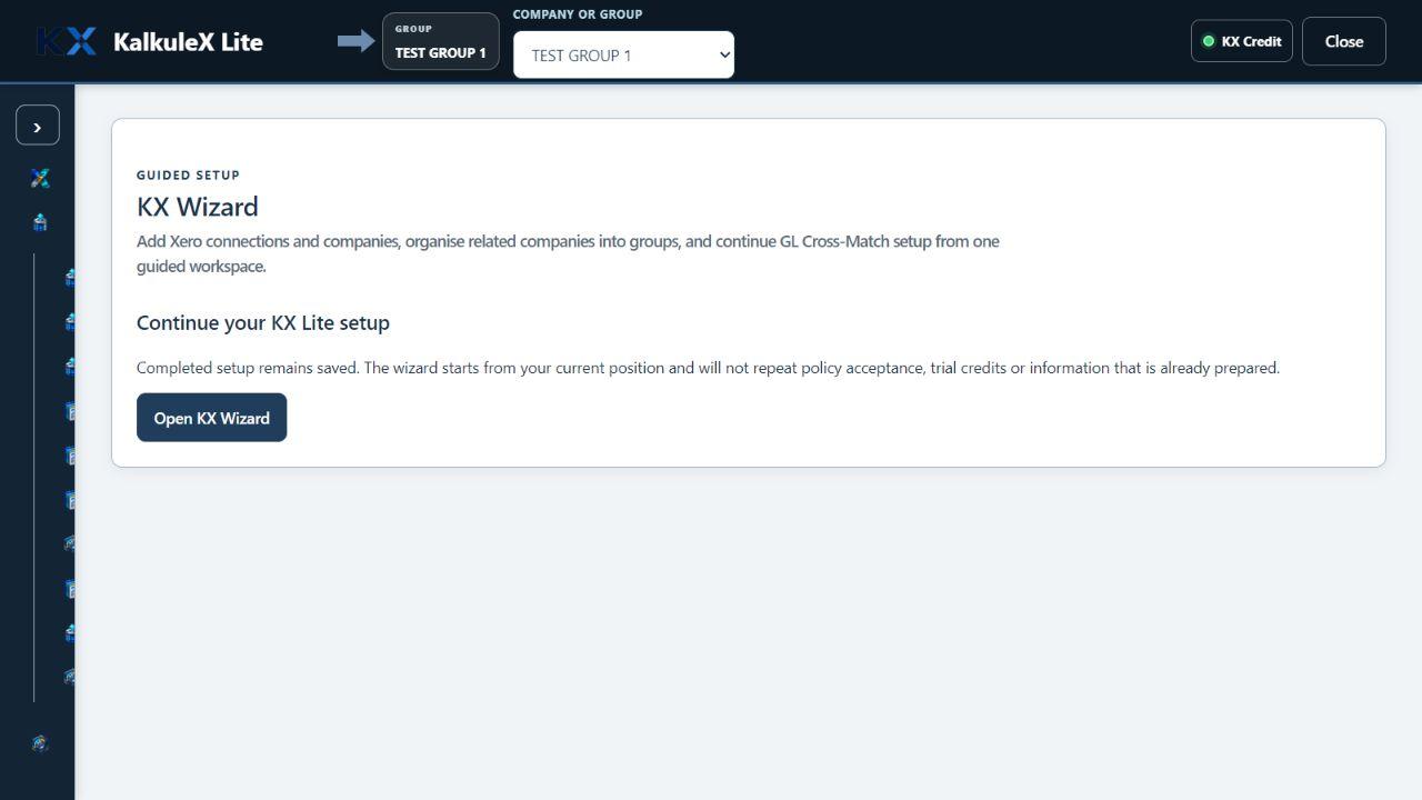 The real KX Lite setup wizard for connections, companies and multi-company review