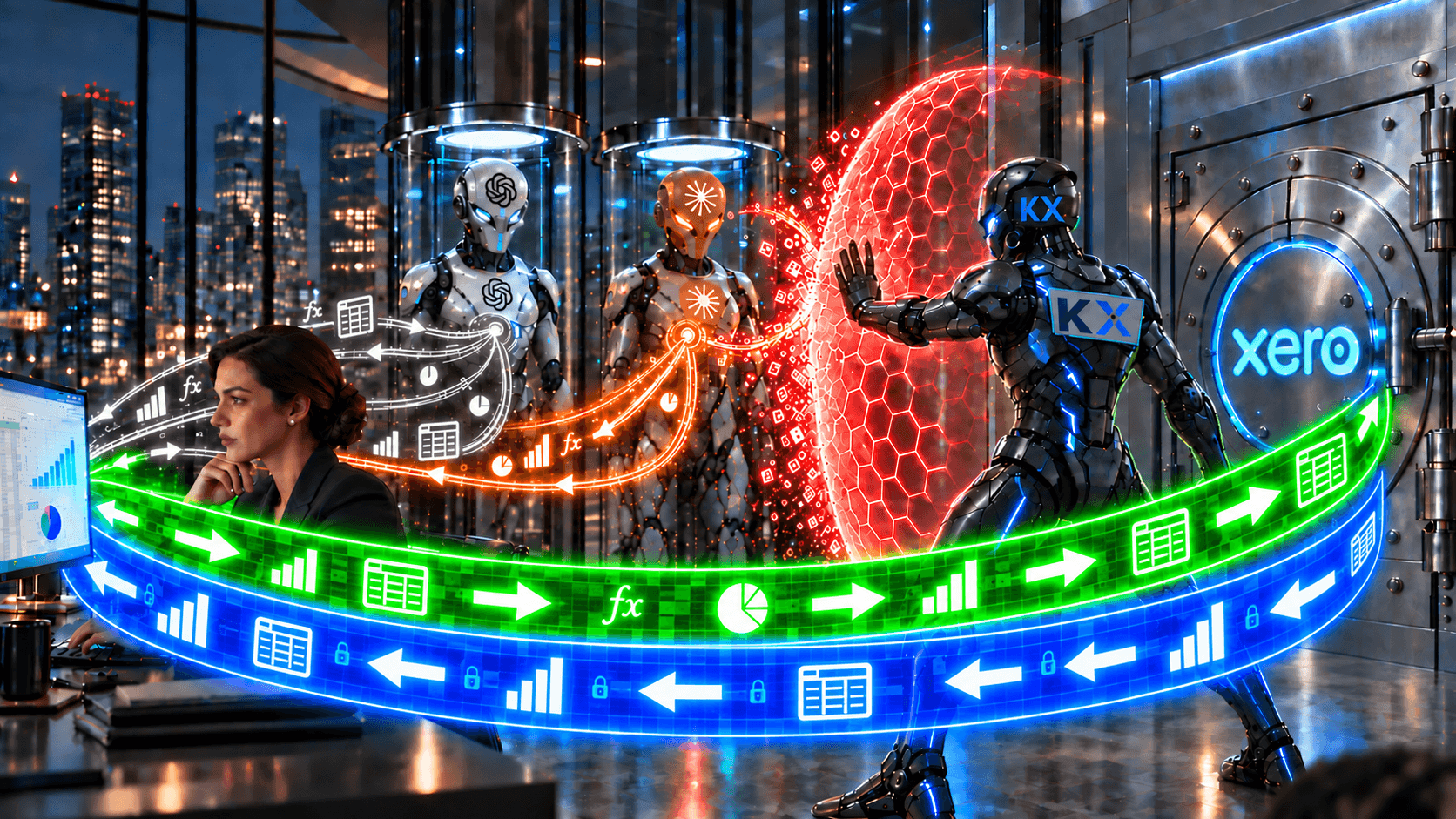 Blue Xero data flows to a human-controlled Excel desktop while green Excel data returns to Xero; a KX guardian blocks the separate OpenAI and Claude analysis routes from the Xero vault