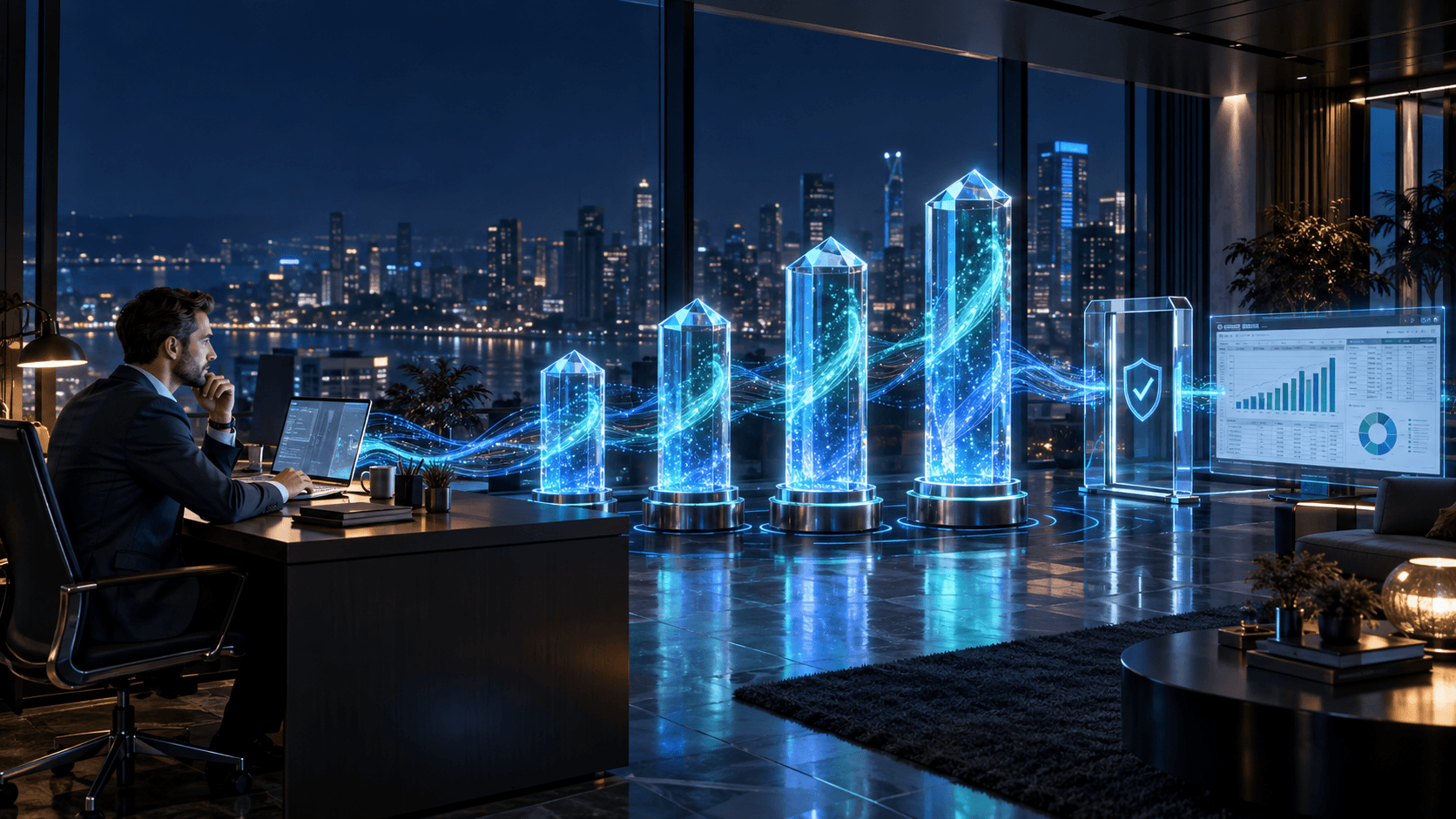 A finance professional controls ascending KX Credit energy reserves connected to an approval gateway and analytical workspace.