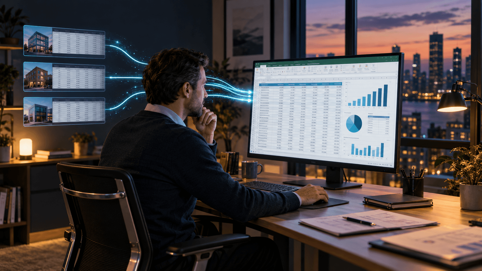 A finance professional reviewing one useful Excel result created from three company data sources