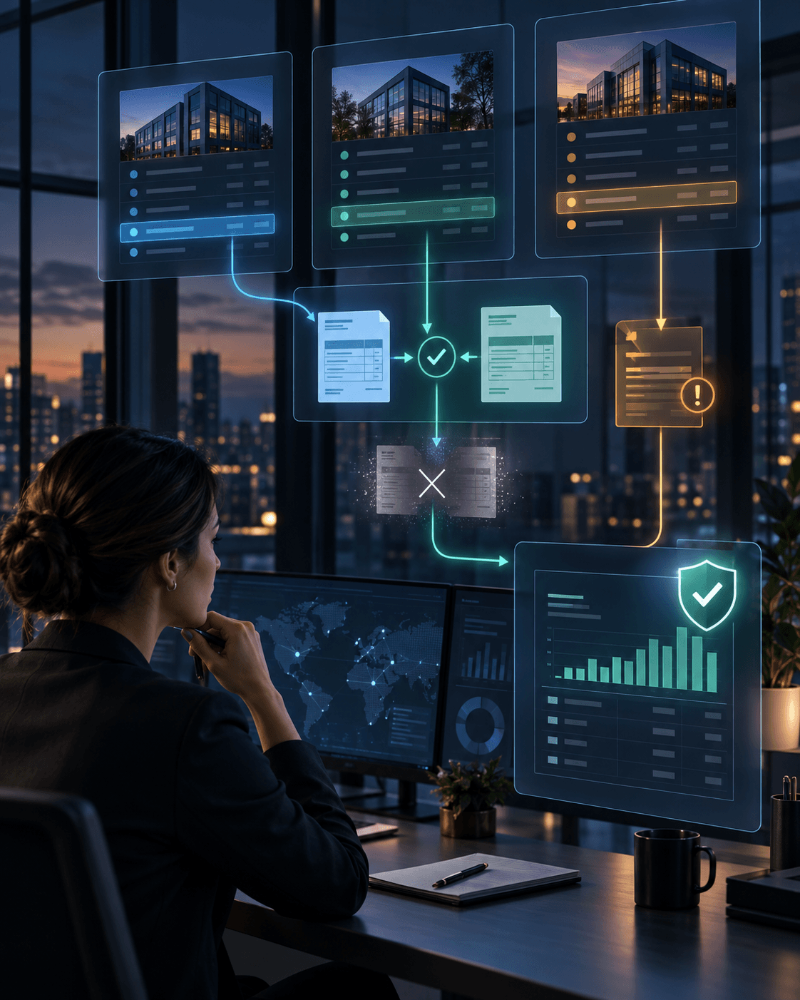 A finance professional reviewing three company data sources as matched intercompany entries are removed from a consolidated result and an unmatched item remains visible for attention.