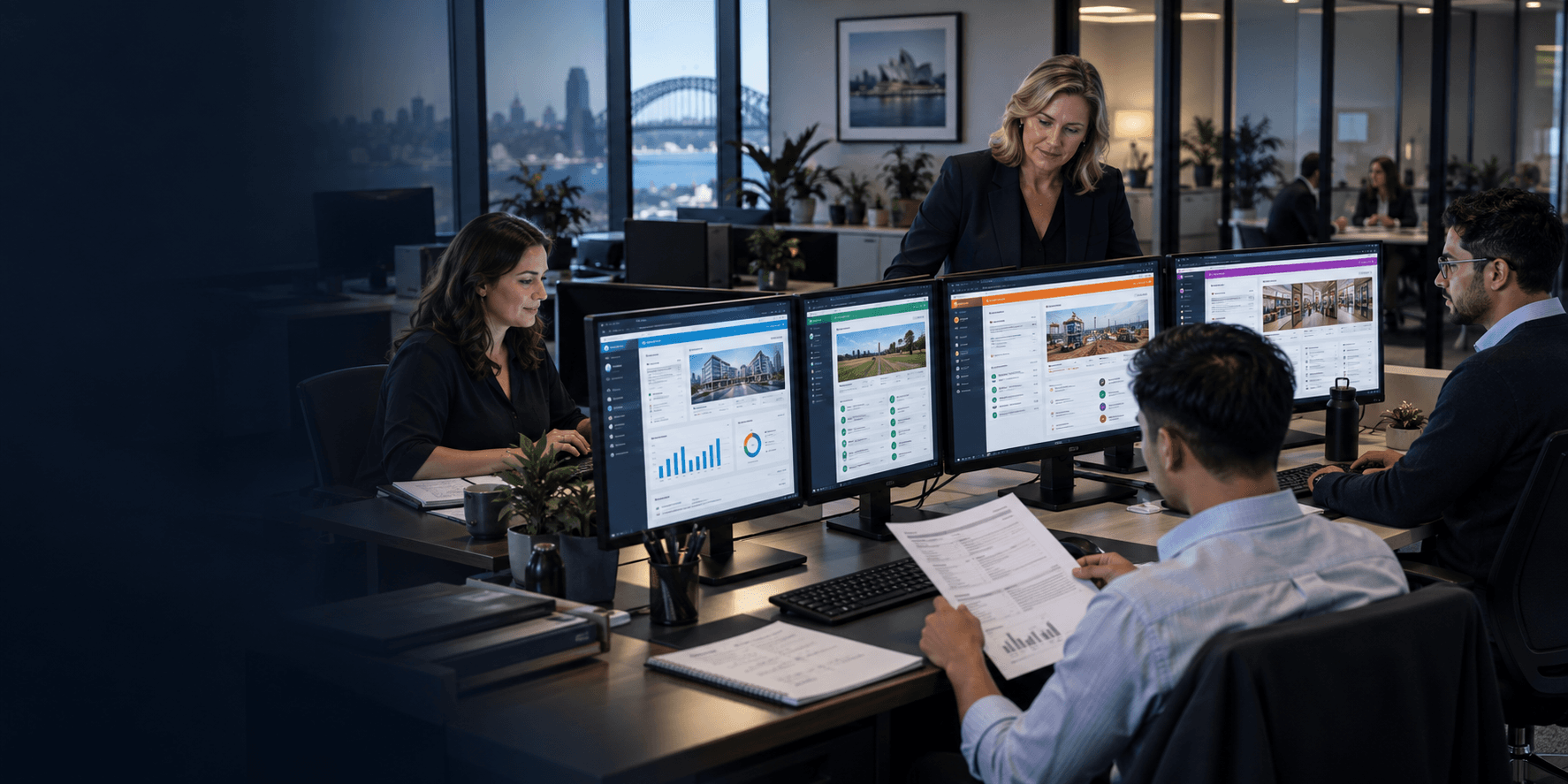 An accounting practice team coordinating separate client work, reporting, review and delivery across a controlled portfolio
