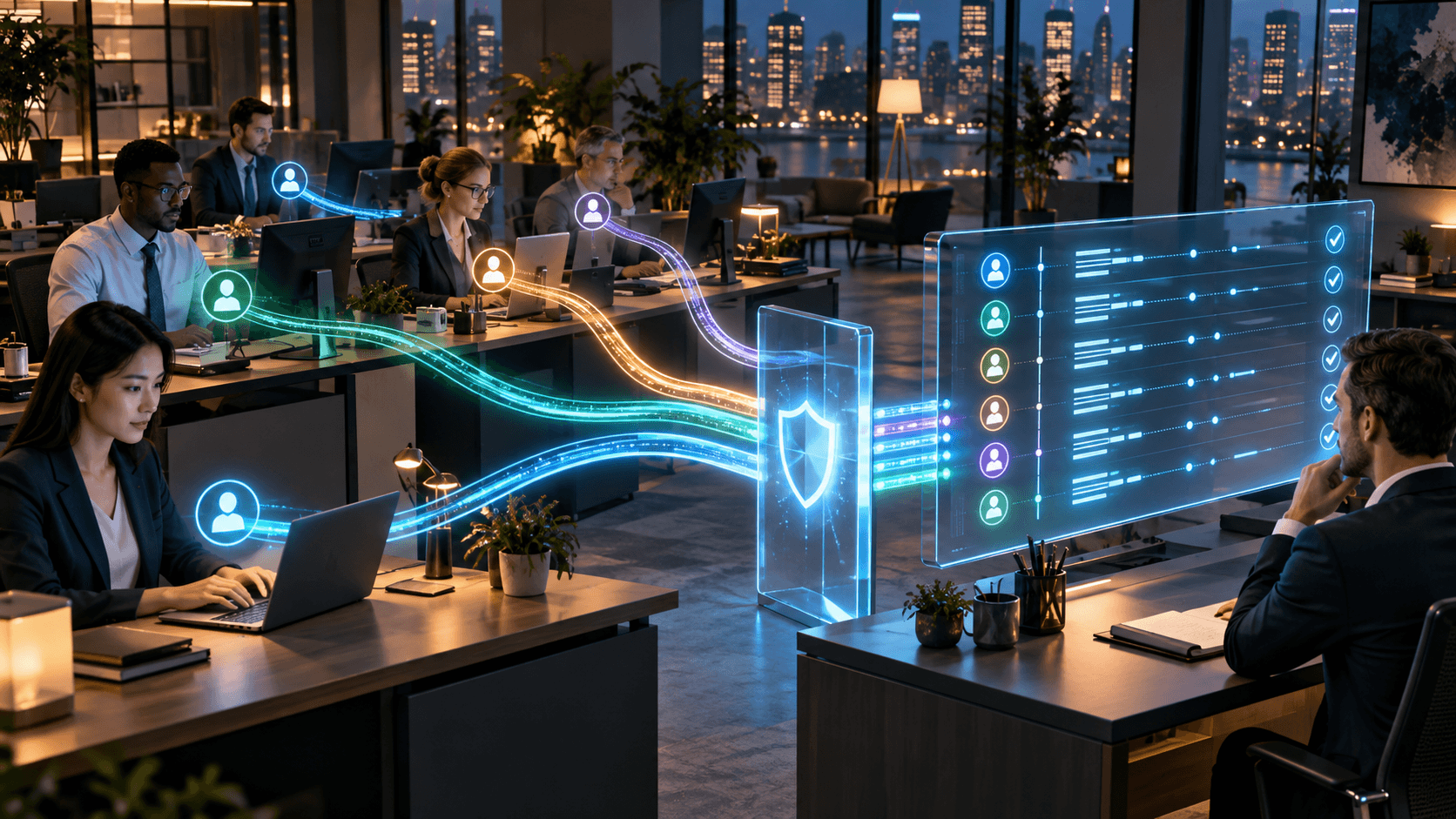 Finance team members connected by individual identity paths to a reviewed audit trail