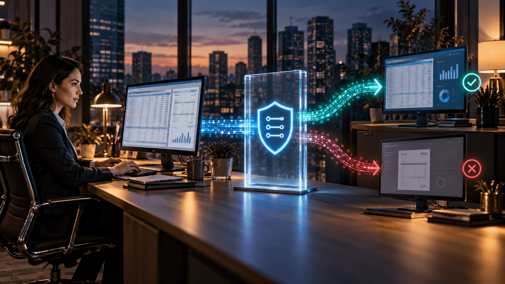A finance professional whose work passes through a security checkpoint into authorised and restricted outcomes
