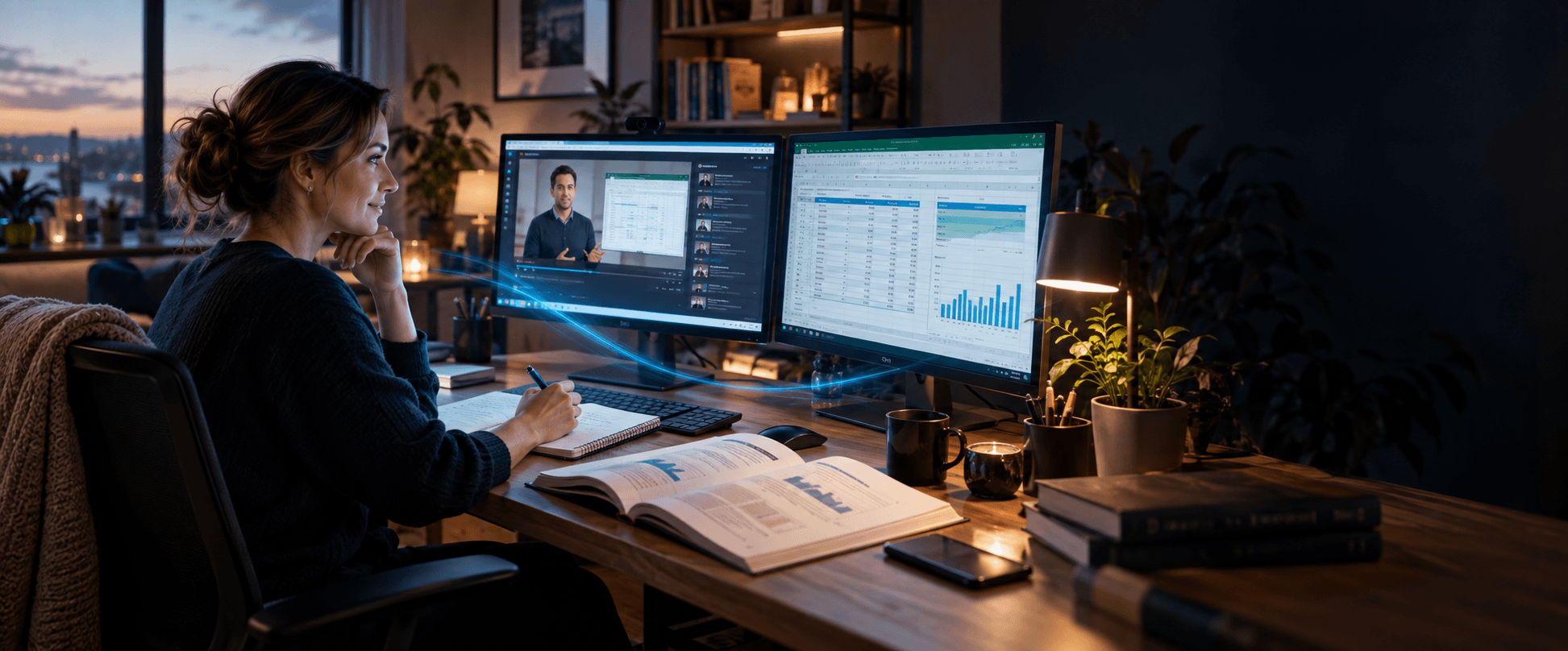 A finance professional follows a guided tutorial beside a live Excel workspace and written manual.