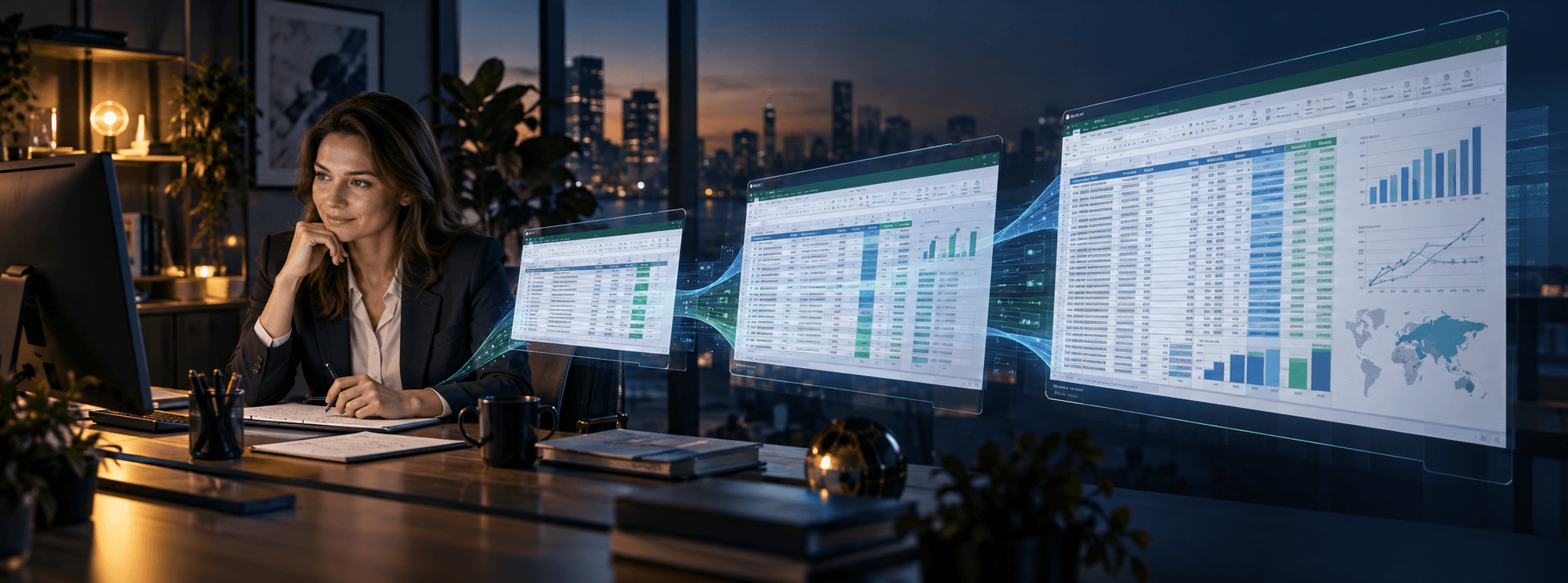 A finance professional reviews three increasingly substantial Excel work outputs at her desktop.