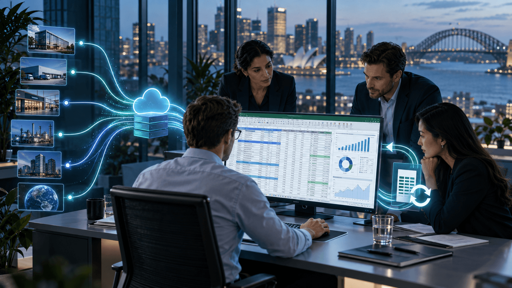 A finance team collaborating around a reusable spreadsheet workspace connected to several company data sources