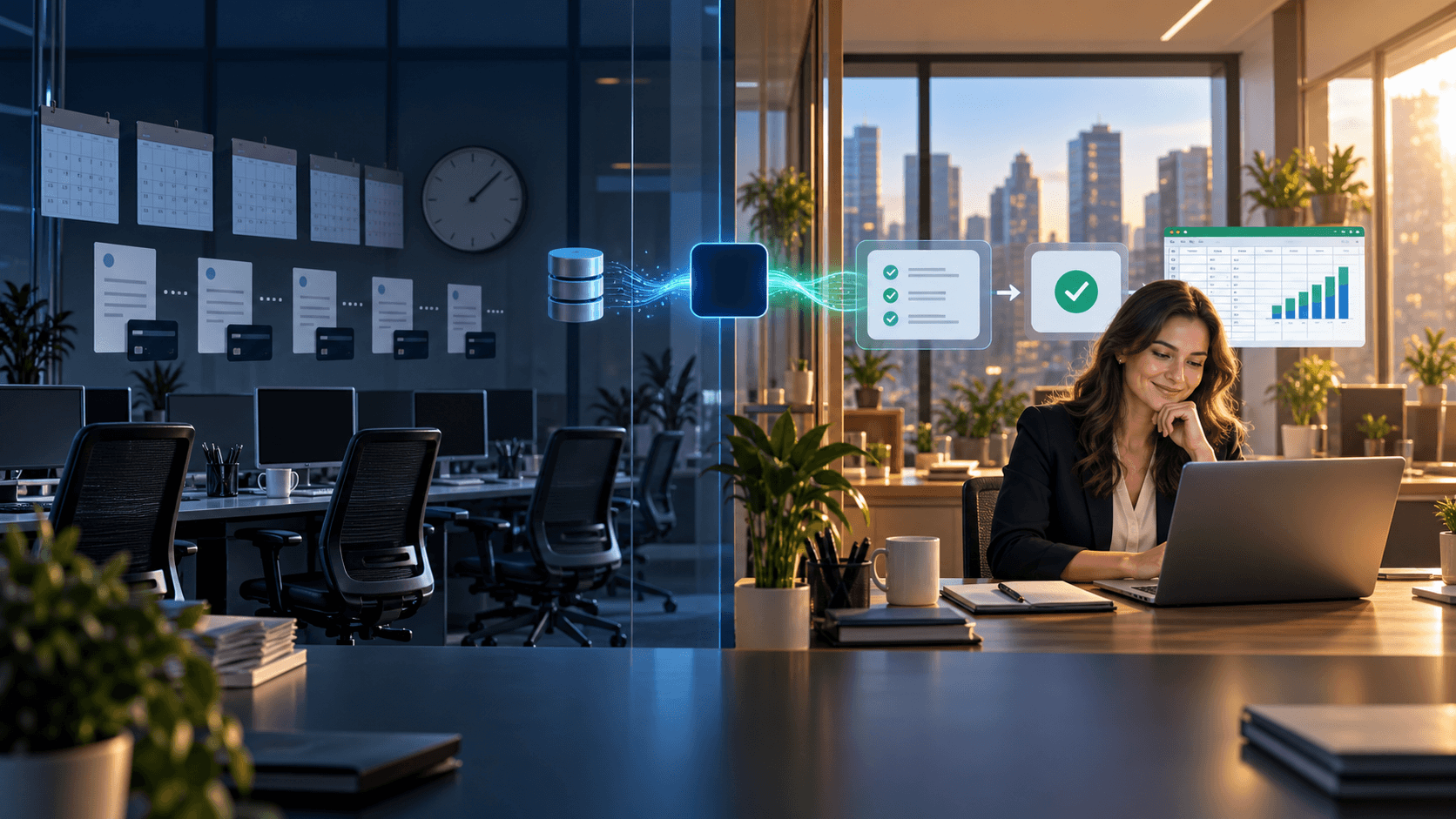 Unused paid software seats and recurring calendar billing contrasted with a finance professional who reviews and approves a Xero-to-Excel result through KalkuleX