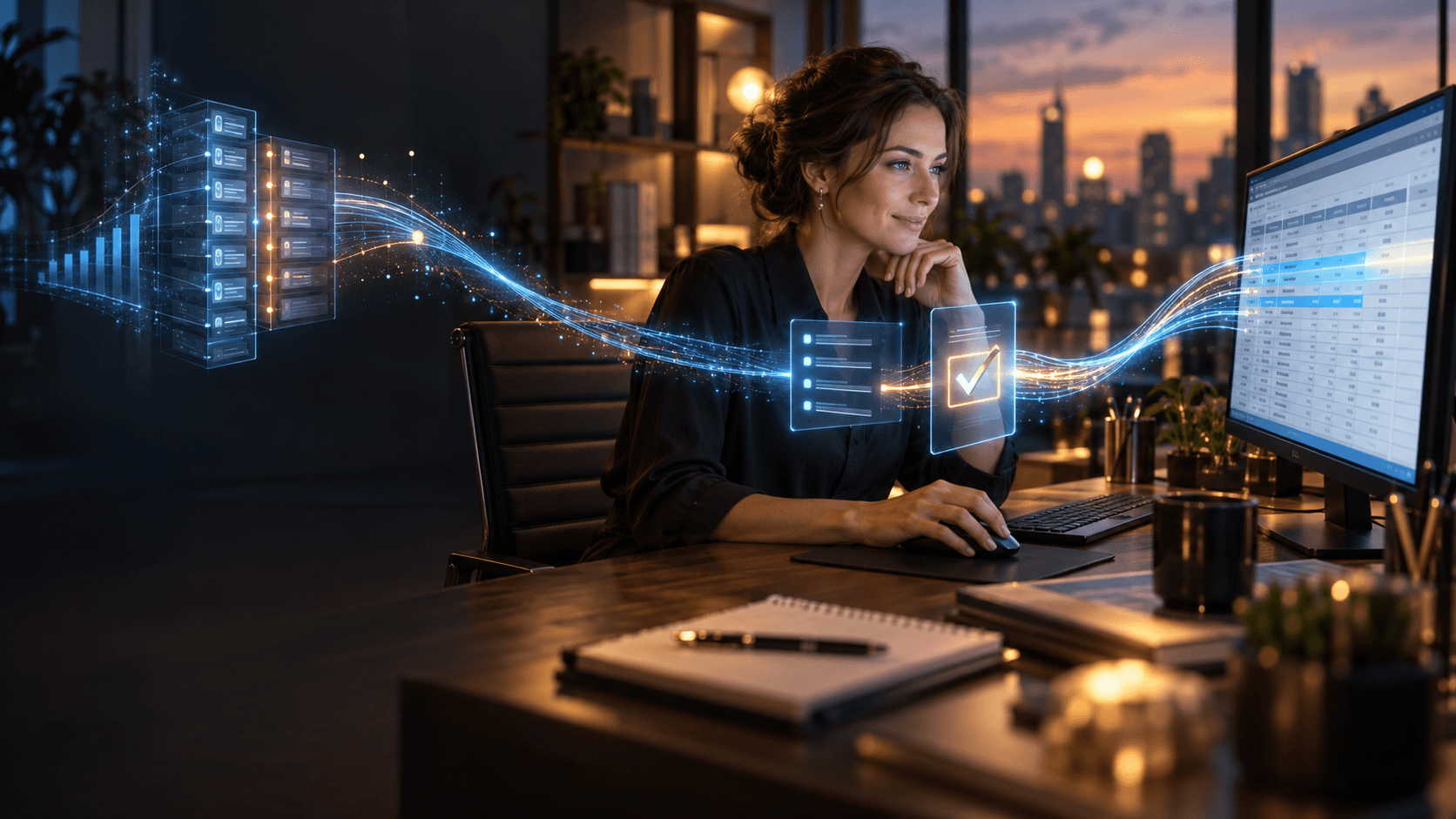 A finance professional reviews spreadsheet work while a visible data path moves from selection to approval and the audit history