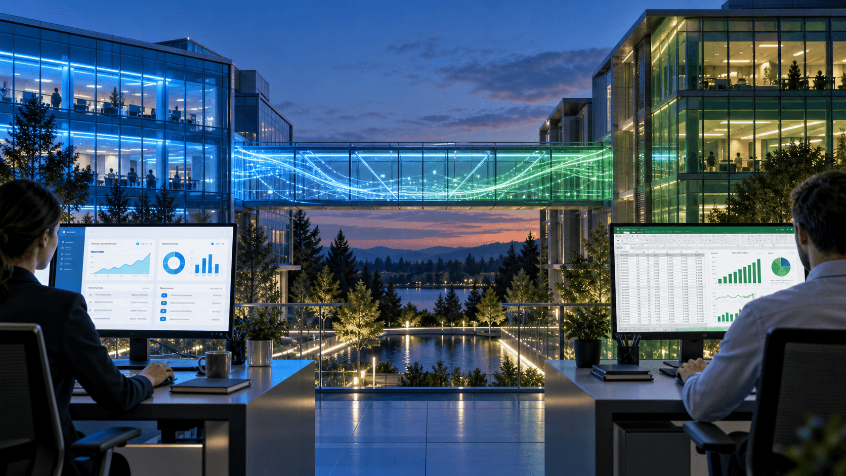 A blue Xero accounting environment and corporate headquarters connected through KalkuleX to a green Microsoft Excel finance environment and corporate campus