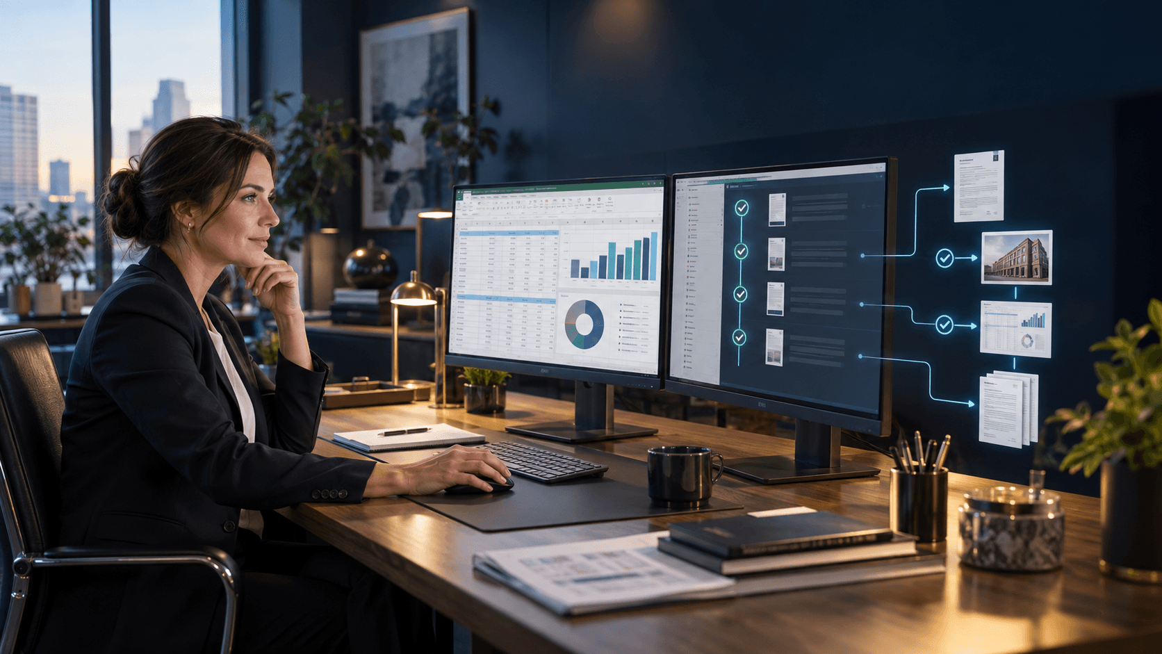 A finance professional reviewing a spreadsheet and its connected evidence history