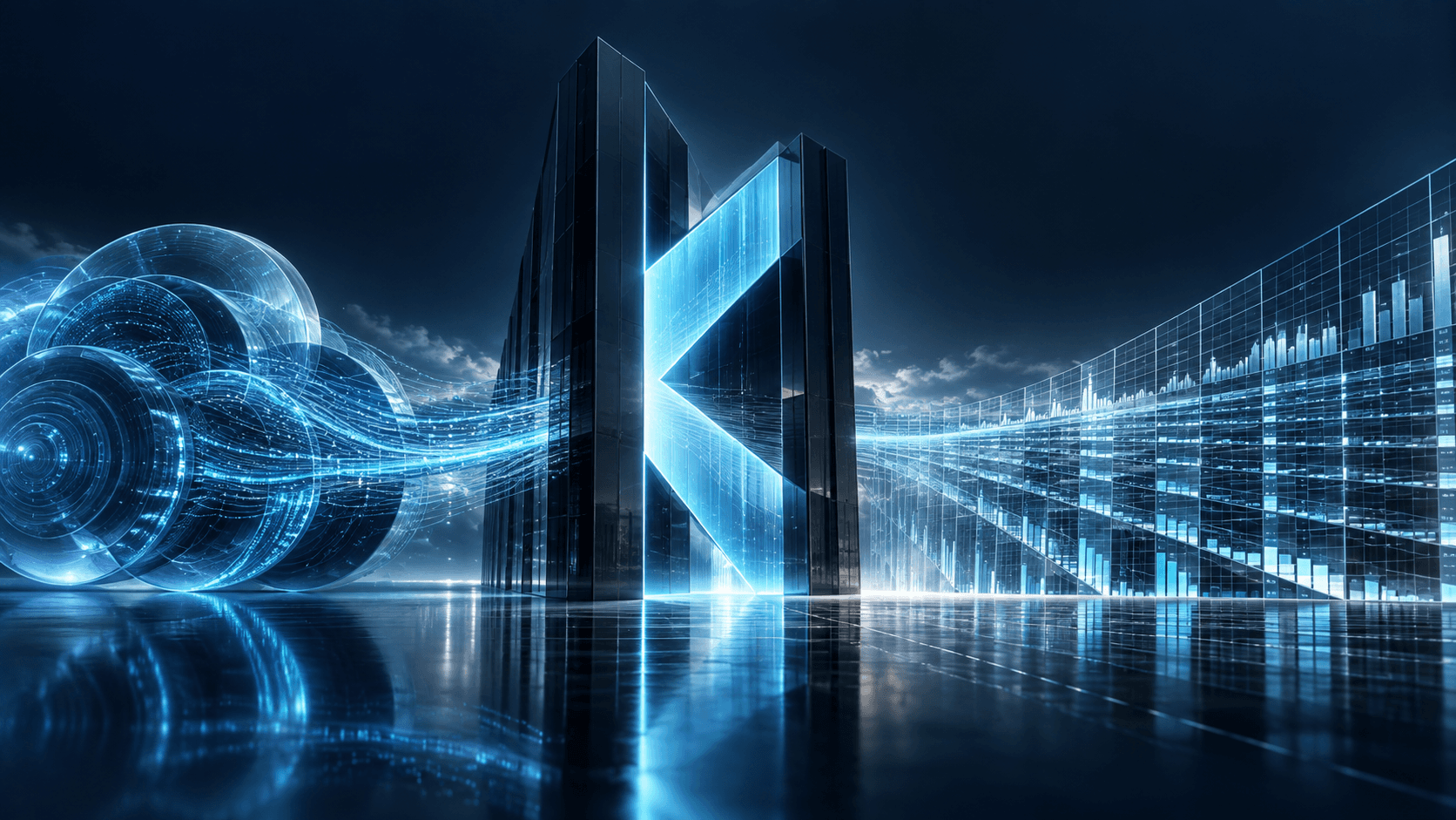 A cinematic data pathway connecting an accounting source through KalkuleX to a finance workspace